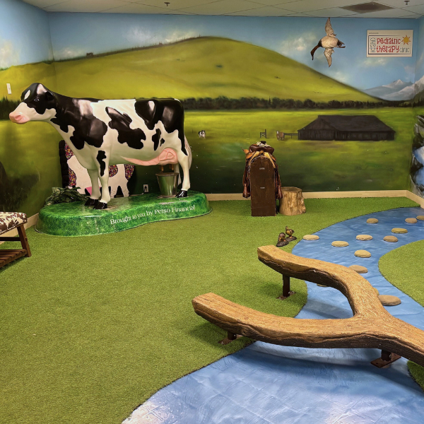 Fake Cow in corner that kids can milk, plus fake river and stones