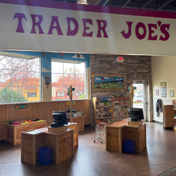 Trader Joe's pretend grocery store with pretend food, little shopping carts, and cash registers
