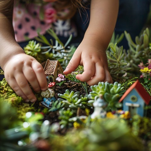 Child planting miniature garden